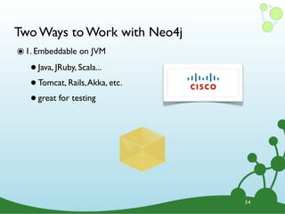 Two Ways to Work with Neo4j
๏ 1. Embeddable on JVM
   • Java, JRuby, Scala...
   • Tomcat, Rails, Akka, etc.
   • great for testing




                                 34
 