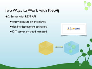 Two Ways to Work with Neo4j
๏ 2. Server with REST API
   • every language on the planet
   • ﬂexible deployment scenarios
   • DIY server, or cloud managed




                                    40
 