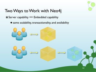Two Ways to Work with Neo4j
๏ Server capability == Embedded capability
   • same scalability, transactionality, and availability




                                                            42
 