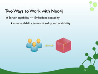 Two Ways to Work with Neo4j
๏ Server capability == Embedded capability
   • same scalability, transactionality, and availability




                                                            42
 