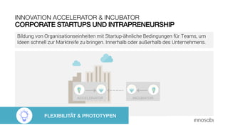 CORPORATE STARTUPS UND INTRAPRENEURSHIP
INNOVATION ACCELERATOR & INCUBATOR
Bildung von Organisationseinheiten mit Startup-ähnliche Bedingungen für Teams, um
Ideen schnell zur Marktreife zu bringen. Innerhalb oder außerhalb des Unternehmens.
FLEXIBILITÄT & PROTOTYPEN
 