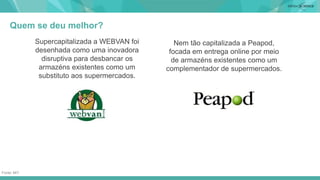 Quem se deu melhor?
Fonte: MIT
CONEITO
Supercapitalizada a WEBVAN foi
desenhada como uma inovadora
disruptiva para desbancar os
armazéns existentes como um
substituto aos supermercados.
Nem tão capitalizada a Peapod,
focada em entrega online por meio
de armazéns existentes como um
complementador de supermercados.
 