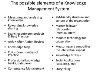 The possible elements of a Knowledge
            Management System
• Measuring and analysing     • KM-friendly structure and
  knowledge                     culture of the organization
• Rewarding knowledge         • Master-follower
  sharing                       relationship
• Learning between projects     (mentor, intern)
  & Best Practice             • Modern technology for
• AAR = After Action Review     cooperation
• Knowledge Map               • Measuring and controlling
                                the intellectual capital
• CoP = Communities of
  Practice                    • Knowledge Brokers
• Professional knowledge      • Social Applications
  banks, databanks              (wiki, blog, etc)
• Competency Management       • Storytelling
 
