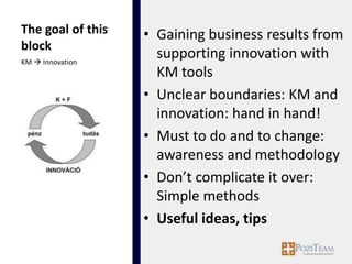 The goal of this   • Gaining business results from
block
KM  Innovation
                     supporting innovation with
                     KM tools
                   • Unclear boundaries: KM and
                     innovation: hand in hand!
                   • Must to do and to change:
                     awareness and methodology
                   • Don’t complicate it over:
                     Simple methods
                   • Useful ideas, tips
 