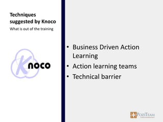 Techniques
suggested by Knoco
What is out of the training



                              • Business Driven Action
                                Learning
                              • Action learning teams
                              • Technical barrier
 