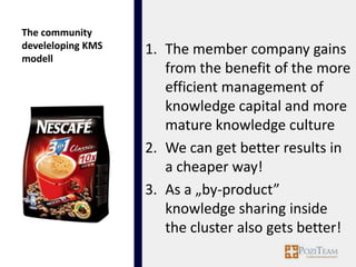 The community
develeloping KMS   1. The member company gains
modell
                      from the benefit of the more
                      efficient management of
                      knowledge capital and more
                      mature knowledge culture
                   2. We can get better results in
                      a cheaper way!
                   3. As a „by-product”
                      knowledge sharing inside
                      the cluster also gets better!
 
