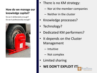 • There is no KM strategy:
How do we manage our                 – Nor at the member companies
knowledge capital?                   – Neither in the cluster
Do we it deliberately enough?
Do we it professionally enough?
                                  • Knowledge processes?
                                  • Technology?
                                  • Dedicated KM performers?
                                  • It depends on the Cluster
                                    Management
                                     – Intuitive
                                     – Not complex
                                  • Limited sharing
                                  • WE DON’T EXPLOIT IT!
 