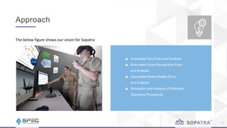 Approach
27
Automated Text Entry and Analysis
Automated Voice Recognition Entry
and Analysis
Automated Mixed Reality Entry
and Analysis
Simulation and Analysis of Standard
Operating Procedures
The below figure shows our vision for Sopatra
 