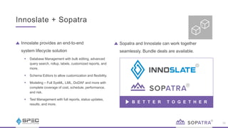 Innoslate + Sopatra
38
Innoslate provides an end-to-end
system lifecycle solution
 Database Management with bulk editing, advanced
query search, rollup, labels, customized reports, and
more.
 Schema Editors to allow customization and flexibility.
 Modeling – Full SysML, LML, DoDAF and more with
complete coverage of cost, schedule, performance,
and risk.
 Test Management with full reports, status updates,
results, and more.
Sopatra and Innoslate can work together
seamlessly. Bundle deals are available.
B E T T E R T O G E T H E R
 