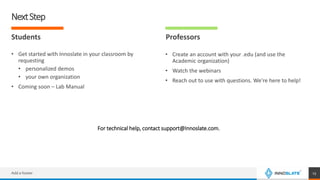 NextStep
Add a footer 13
Students Professors
• Create an account with your .edu (and use the
Academic organization)
• Watch the webinars
• Reach out to use with questions. We’re here to help!
• Get started with Innoslate in your classroom by
requesting
• personalized demos
• your own organization
• Coming soon – Lab Manual
For technical help, contact support@Innoslate.com.
 