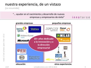nuestra experiencia, de un vistazo[cv resumido]v2.2fcarlos@innotarse.com / 609 63 28 634“… ayudar en el nacimiento y desarrollo de nuevas empresas y empresarios de éxito”grandes empresaspequeñas empresas20+ años dedicado a la innovación y a la dirección empresarialnota: si ver anexo  para  leer  el cveducaciónotras experiencias