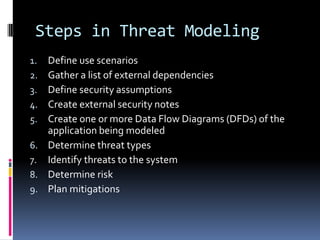 Steps in Threat Modeling
1. Define use scenarios
2. Gather a list of external dependencies
3. Define security assumptions
4. Create external security notes
5. Create one or more Data Flow Diagrams (DFDs) of the
   application being modeled
6. Determine threat types
7. Identify threats to the system
8. Determine risk
9. Plan mitigations
 