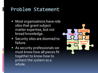 Problem Statement

 Most organizations have role
  silos that grant subject
  matter expertise, but not                    Database
  broad knowledge.                Network

 Security silos are doomed to
                                               Operating
  failure.                       Application
                                                System

 As security professionals we
  must know how all pieces fit
  together to know how to
  protect the system as a
  whole.
 