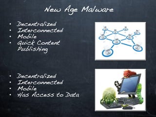 New Age Malware

•   Decentralized
•   Interconnected
•   Mobile
•   Quick Content
    Publishing




•   Decentralized
•   Interconnected
•   Mobile
•   Has Access to Data
 