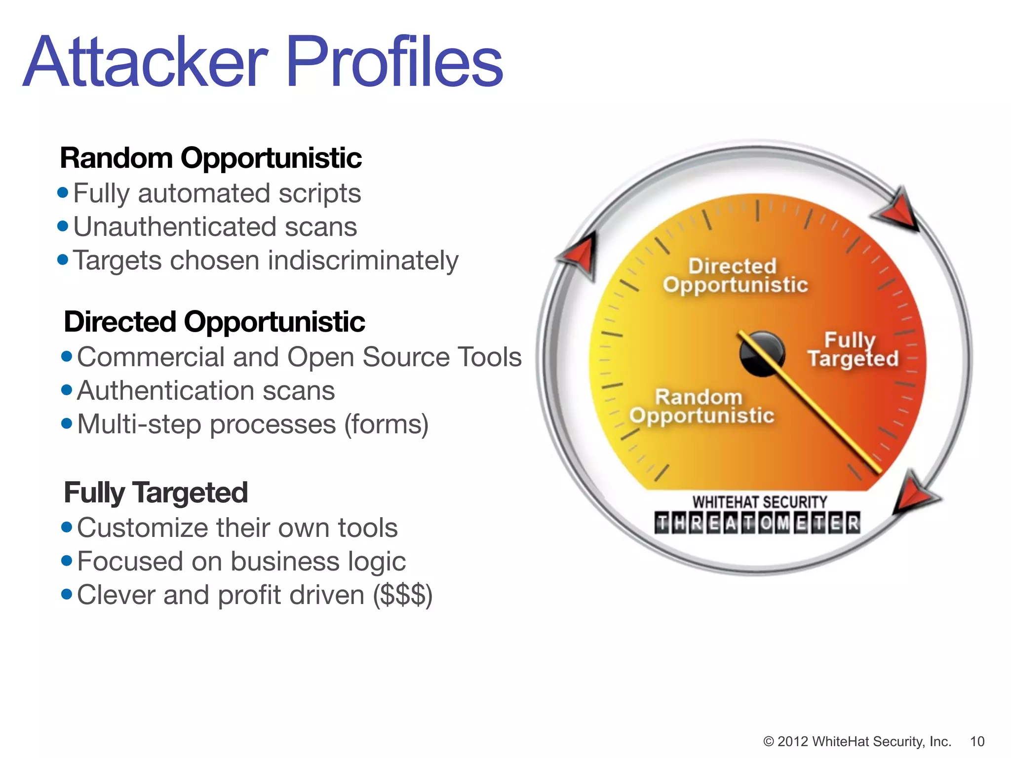 Attacker Profiles
 Random Opportunistic
 • Fully automated scripts
 • Unauthenticated scans
 • Targets chosen indiscriminately

 Directed Opportunistic
 • Commercial and Open Source Tools
 • Authentication scans
 • Multi-step processes (forms)

 Fully Targeted
 • Customize their own tools
 • Focused on business logic
 • Clever and proﬁt driven ($$$)



                                      © 2012 WhiteHat Security, Inc.   10
 