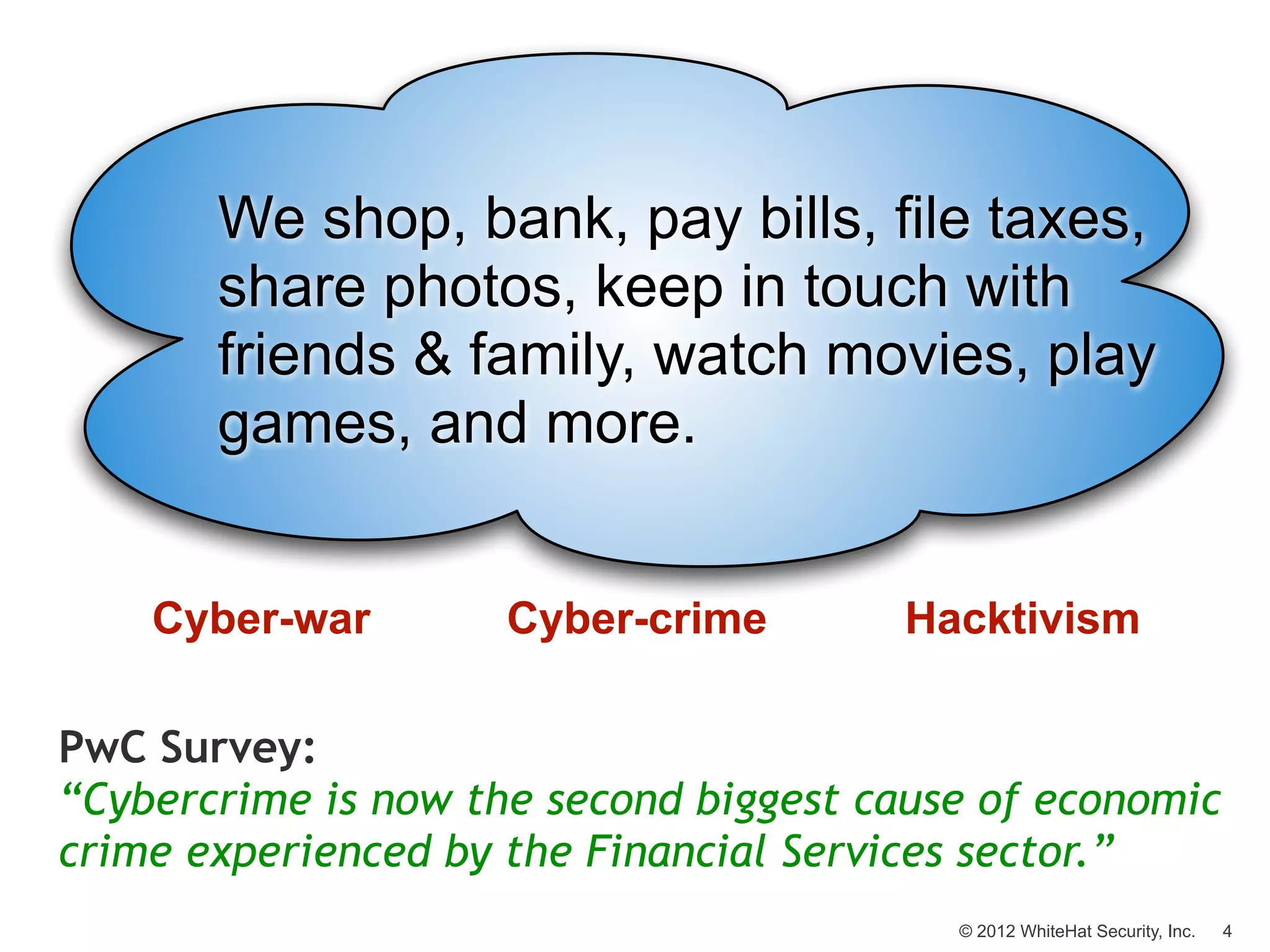 We shop, bank, pay bills, file taxes,
       share photos, keep in touch with
       friends & family, watch movies, play
       games, and more.


    Cyber-war        Cyber-crime        Hacktivism

PwC Survey:
“Cybercrime is now the second biggest cause of economic
crime experienced by the Financial Services sector.”
                                          © 2012 WhiteHat Security, Inc.   4
 
