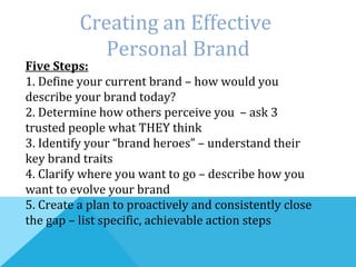 Creating an Effective
Personal Brand
Five Steps:
1. Define your current brand – how would you
describe your brand today?
2. Determine how others perceive you – ask 3
trusted people what THEY think
3. Identify your “brand heroes” – understand their
key brand traits
4. Clarify where you want to go – describe how you
want to evolve your brand
5. Create a plan to proactively and consistently close
the gap – list specific, achievable action steps
 
