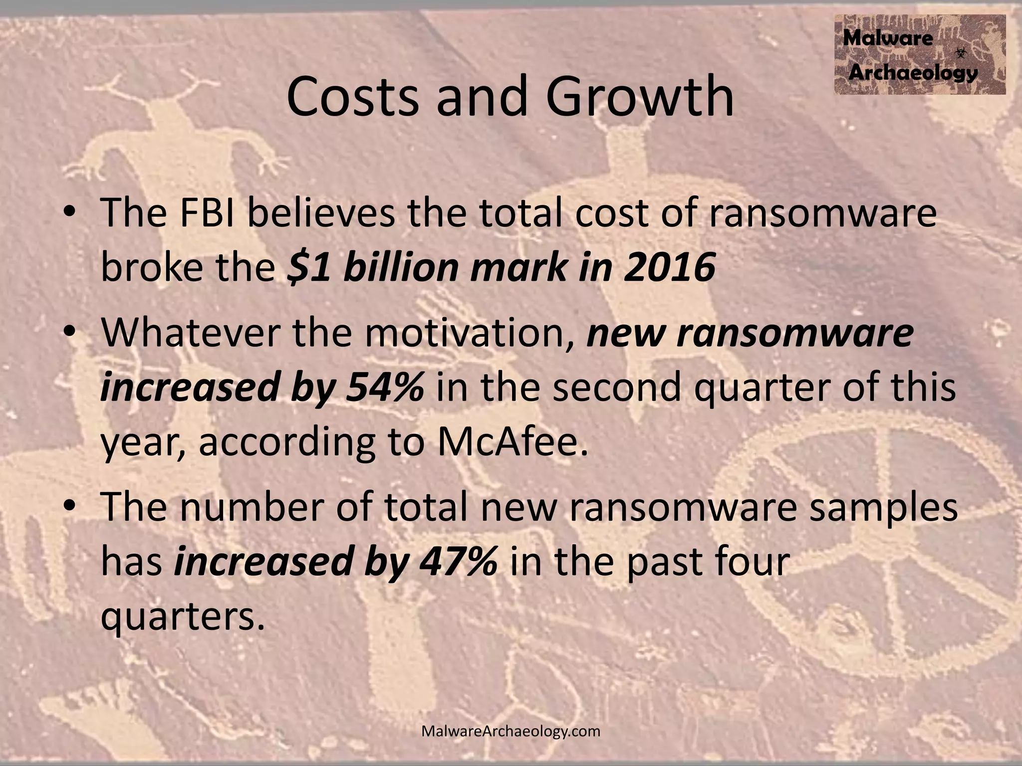 Costs and Growth
• The FBI believes the total cost of ransomware
broke the $1 billion mark in 2016
• Whatever the motivation, new ransomware
increased by 54% in the second quarter of this
year, according to McAfee.
• The number of total new ransomware samples
has increased by 47% in the past four
quarters.
MalwareArchaeology.com
 