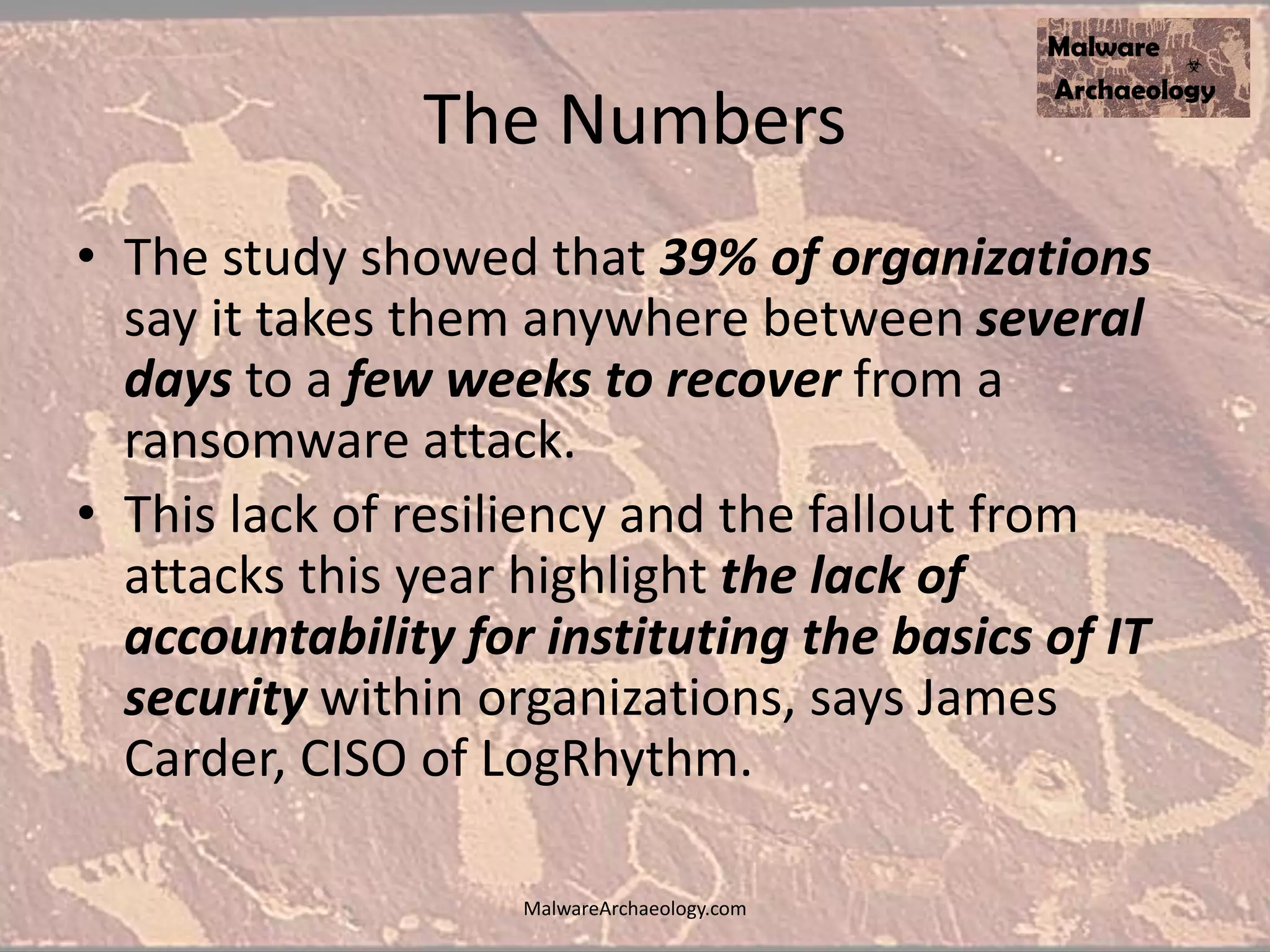 The Numbers
• The study showed that 39% of organizations
say it takes them anywhere between several
days to a few weeks to recover from a
ransomware attack.
• This lack of resiliency and the fallout from
attacks this year highlight the lack of
accountability for instituting the basics of IT
security within organizations, says James
Carder, CISO of LogRhythm.
MalwareArchaeology.com
 