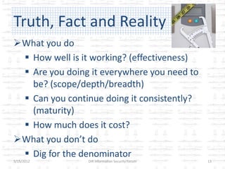 Truth, Fact and Reality
What you do
  How well is it working? (effectiveness)
  Are you doing it everywhere you need to
   be? (scope/depth/breadth)
  Can you continue doing it consistently?
   (maturity)
  How much does it cost?
What you don’t do
  Dig for the denominator
5/15/2012        DIR Information Security Forum   13
 