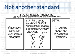 Not another standard




5/15/2012   DIR Information Security Forum   15
 
