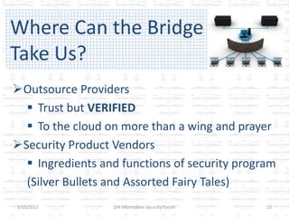 Where Can thethe Bridge
Where Can Bridge
Take Us?
Take Us?
Outsource Providers
   Trust but VERIFIED
   To the cloud on more than a wing and prayer
Security Product Vendors
   Ingredients and functions of security program
  (Silver Bullets and Assorted Fairy Tales)
 5/15/2012        DIR Information Security Forum   23
 