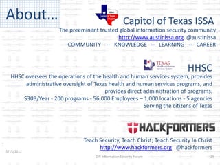 About…                                               Capitol of Texas ISSA
                     The preeminent trusted global information security community
                                           http://www.austinissa.org @austinissa
                        COMMUNITY -- KNOWLEDGE -- LEARNING -- CAREER



                                                                          HHSC
  HHSC oversees the operations of the health and human services system, provides
       administrative oversight of Texas health and human services programs, and
                                       provides direct administration of programs.
      $30B/Year - 200 programs - 56,000 Employees – 1,000 locations - 5 agencies
                                                       Serving the citizens of Texas




                               Teach Security, Teach Christ; Teach Security In Christ
                                     http://www.hackformers.org @hackformers
5/15/2012
                                    DIR Information Security Forum                  25
 