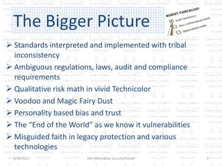 The Bigger Picture
 Standards interpreted and implemented with tribal
  inconsistency
 Ambiguous regulations, laws, audit and compliance
  requirements
 Qualitative risk math in vivid Technicolor
 Voodoo and Magic Fairy Dust
 Personality based bias and trust
 The “End of the World” as we know it vulnerabilities
 Misguided faith in legacy protection and various
  technologies
  5/15/2012            DIR Information Security Forum    4
 