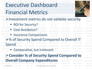 Executive Dashboard
Financial Metrics
Investment metrics do not validate security
       ROI for Security?
       Cost Avoidance?
       Insurance Comparisons
% of Security Spend Compared to Overall IT
Spend
       Comparative, but irrelevant
Consider % of Security Spend Compared to
Overall Company Expenditures
5/15/2012              DIR Information Security Forum   7
 