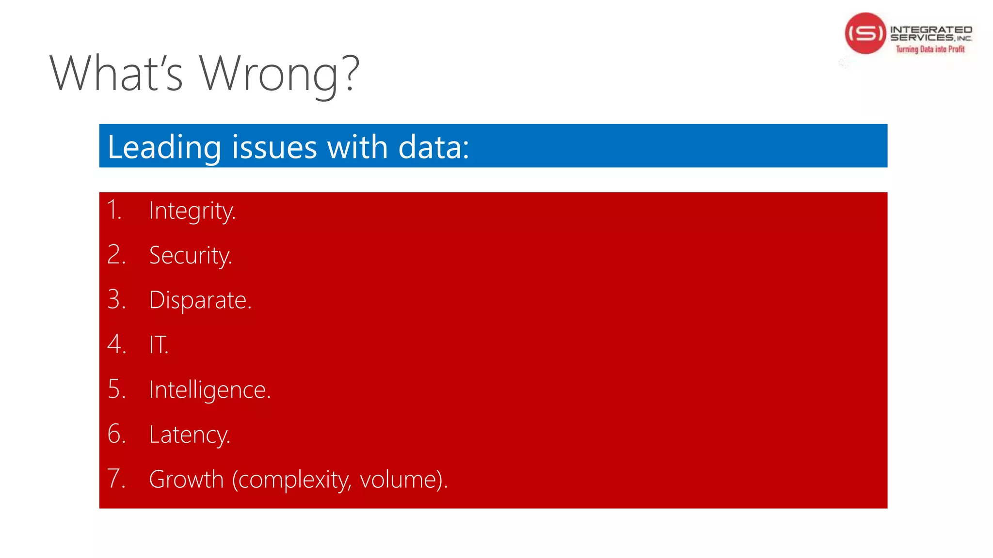 Leading issues with data:
1. Integrity.
2. Security.
3. Disparate.
4. IT.
5. Intelligence.
6. Latency.
7. Growth (complexity, volume).
What’s Wrong?
 