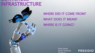 CONVERGED
INFRASTRUCTURE
WHERE DID IT COME FROM?
WHAT DOES IT MEAN?
WHERE IS IT GOING?
Steve Jones
Senior Solution
 
