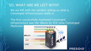 SO, WHAT ARE WE LEFT WITH?
We are left with the vendors telling us what a
Converged Infrastructure really is.
The first successfully marketed Converged
Infrastructure was the vBlock by VCE (now Converged
Platforms Division)
 