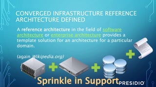 CONVERGED INFRASTRUCTURE REFERENCE
ARCHITECTURE DEFINED
A reference architecture in the field of software
architecture or enterprise architecture provides a
template solution for an architecture for a particular
domain.
(again Wikipedia.org)
 