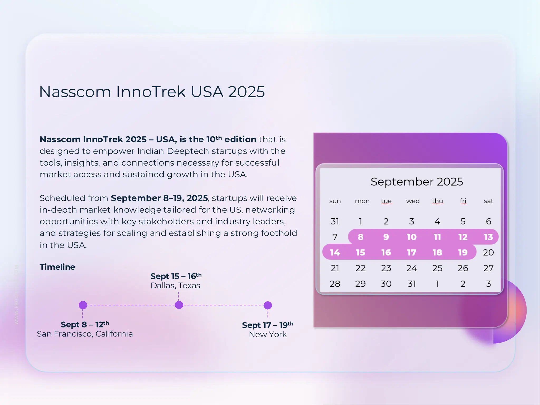 WWW.
PROSPE
CTUS.COM
Nasscom InnoTrek USA 2025
Nasscom InnoTrek 2025 – USA, is the 10th edition that is
designed to empower Indian Deeptech startups with the
tools, insights, and connections necessary for successful
market access and sustained growth in the USA.
Scheduled from September 8–19, 2025, startups will receive
in-depth market knowledge tailored for the US, networking
opportunities with key stakeholders and industry leaders,
and strategies for scaling and establishing a strong foothold
in the USA.
Timeline
Sept 15 – 16th
Dallas, Texas
Sept 8 – 12th
San Francisco, California
Sept 17 – 19th
New York
 