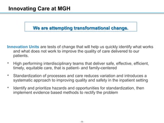 Innovating Care at MGH

We are attempting transformational change.

Innovation Units are tests of change that will help us...