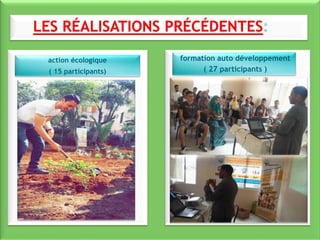 action écologique
( 15 participants)
formation auto développement
( 27 participants )
 