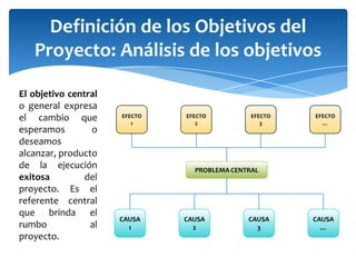 Definición de los Objetivos del Proyecto: Análisis de los objetivosEl objetivo central o general expresa el cambio que esperamos o deseamos alcanzar, producto de la ejecución exitosa del proyecto. Es el referente central que brinda el rumbo al proyecto.EFECTO 1EFECTO 2EFECTO 3EFECTO …PROBLEMA CENTRALCAUSA 1CAUSA 2CAUSA 3CAUSA …