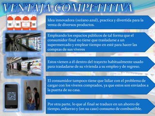 Idea innovadora (océano azul), practica y divertida para la
venta de diversos productos.

Empleando los espacios públicos de tal forma que el
consumidor final no tiene que trasladarse a un
supermercado y emplear tiempo en esté para hacer las
compras de sus víveres


Estos vienen a él dentro del trayecto habitualmente usado
para trasladarse de su vivienda a su empleo y de regreso.


El consumidor tampoco tiene que lidiar con el problema de
cargar con los víveres comprados, ya que estos son enviados a
la puerta de su casa.


Por otra parte, lo que al final se traduce en un ahorro de
tiempo, esfuerzo y (en su caso) consumo de combustible.
 