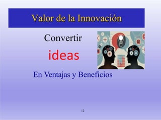 Valor de la Innovación
Convertir
ideas
En Ventajas y Beneficios
12
 