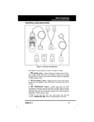 OBD2 & 1 9
E
Tool Controls
CONTROLS AND INDICATORS
CONTROLS AND INDICATORS
See Figure 1 for the locations of items 1 through 16, below.
1. ERASE button - Erases Diagnostic Trouble Codes (DTCs),
and “Freeze Frame” data from your vehicle’s computer, and resets
Monitor status. (“Freeze Frame” data and Monitor status are applicable
to OBD2 systems only.)
2. DTC SCROLL button - Displays the DTC View screen and/or
scrolls the LCD display to view DTCs when more than one DTC is
present.
3. POWER/LINK button - When the Tool IS NOT
connected to a vehicle, turns the Tool “On” and “Off”. When the Tool is
connected to a vehicle, links the Tool to the vehicle’s PCM to retrieve
diagnostic data from the computer’s memory. (The LINK function is
applicable to OBD2 systems only.)
To turn the Tool "On", you must press and hold the
POWER/LINK button for approximately 3 seconds.
1
2
5
3
9
4
16
11
12 13 14 15
6
7 8
10
Figure 1. Controls and Indicators
 