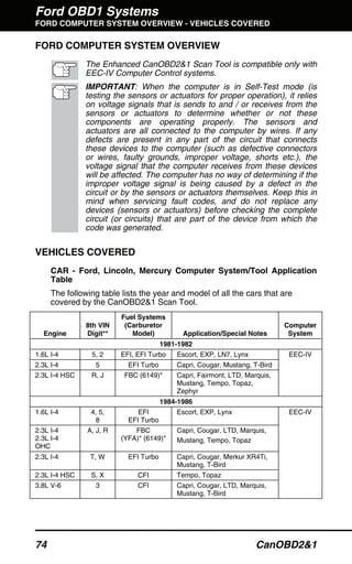 Ford OBD1 Systems
FORD COMPUTER SYSTEM OVERVIEW - VEHICLES COVERED
74 CanOBD2&1
FORD COMPUTER SYSTEM OVERVIEW
The Enhanced CanOBD2&1 Scan Tool is compatible only with
EEC-IV Computer Control systems.
IMPORTANT: When the computer is in Self-Test mode (is
testing the sensors or actuators for proper operation), it relies
on voltage signals that is sends to and / or receives from the
sensors or actuators to determine whether or not these
components are operating properly. The sensors and
actuators are all connected to the computer by wires. If any
defects are present in any part of the circuit that connects
these devices to the computer (such as defective connectors
or wires, faulty grounds, improper voltage, shorts etc.), the
voltage signal that the computer receives from these devices
will be affected. The computer has no way of determining if the
improper voltage signal is being caused by a defect in the
circuit or by the sensors or actuators themselves. Keep this in
mind when servicing fault codes, and do not replace any
devices (sensors or actuators) before checking the complete
circuit (or circuits) that are part of the device from which the
code was generated.
VEHICLES COVERED
CAR - Ford, Lincoln, Mercury Computer System/Tool Application
Table
The following table lists the year and model of all the cars that are
covered by the CanOBD2&1 Scan Tool.
Engine
8th VIN
Digit**
Fuel Systems
(Carburetor
Model) Application/Special Notes
Computer
System
1981-1982
1.6L I-4 5, 2 EFI, EFI Turbo Escort, EXP, LN7, Lynx
2.3L I-4 5 EFI Turbo Capri, Cougar, Mustang, T-Bird
2.3L I-4 HSC R, J FBC (6149)* Capri, Fairmont, LTD, Marquis,
Mustang, Tempo, Topaz,
Zephyr
EEC-IV
1984-1986
1.6L I-4 4, 5,
8
EFI
EFI Turbo
Escort, EXP, Lynx
2.3L I-4
2.3L I-4
OHC
A, J, R FBC
(YFA)* (6149)*
Capri, Cougar, LTD, Marquis,
Mustang, Tempo, Topaz
2.3L I-4 T, W EFI Turbo Capri, Cougar, Merkur XR4Ti,
Mustang, T-Bird
2.3L I-4 HSC S, X CFI Tempo, Topaz
3.8L V-6 3 CFI Capri, Cougar, LTD, Marquis,
Mustang, T-Bird
EEC-IV
 