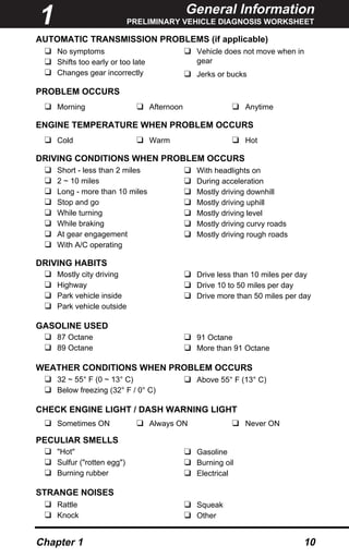 General Information
PRELIMINARY VEHICLE DIAGNOSIS WORKSHEET
Chapter 1 10
AUTOMATIC TRANSMISSION PROBLEMS (if applicable)
PROBLEM OCCURS
u Morning u Afternoon u Anytime
ENGINE TEMPERATURE WHEN PROBLEM OCCURS
u Cold u Warm u Hot
DRIVING CONDITIONS WHEN PROBLEM OCCURS
DRIVING HABITS
GASOLINE USED
WEATHER CONDITIONS WHEN PROBLEM OCCURS
CHECK ENGINE LIGHT / DASH WARNING LIGHT
u Sometimes ON u Always ON u Never ON
PECULIAR SMELLS
STRANGE NOISES
u Short - less than 2 miles
u 2 ~ 10 miles
u Long - more than 10 miles
u Stop and go
u While turning
u While braking
u At gear engagement
u With A/C operating
u With headlights on
u During acceleration
u Mostly driving downhill
u Mostly driving uphill
u Mostly driving level
u Mostly driving curvy roads
u Mostly driving rough roads
u Mostly city driving
u Highway
u Park vehicle inside
u Park vehicle outside
u Drive less than 10 miles per day
u Drive 10 to 50 miles per day
u Drive more than 50 miles per day
u 87 Octane
u 89 Octane
u 91 Octane
u More than 91 Octane
u 32 ~ 55° F (0 ~ 13° C)
u Below freezing (32° F / 0° C)
u Above 55° F (13° C)
u "Hot"
u Sulfur ("rotten egg")
u Burning rubber
u Gasoline
u Burning oil
u Electrical
u Rattle
u Knock
u Squeak
u Other
u No symptoms
u Shifts too early or too late
u Changes gear incorrectly
u Vehicle does not move when in
gear
u Jerks or bucks
1
 
