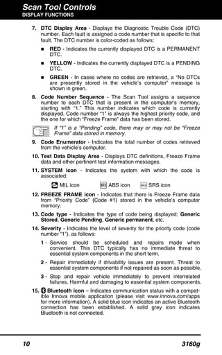 Scan Tool Controls
DISPLAY FUNCTIONS
10 3160g
7. DTC Display Area - Displays the Diagnostic Trouble Code (DTC)
number. Each fault is assigned a code number that is specific to that
fault. The DTC number is color-coded as follows:
RED - Indicates the currently displayed DTC is a PERMANENT
DTC.
YELLOW - Indicates the currently displayed DTC is a PENDING
DTC.
GREEN - In cases where no codes are retrieved, a “No DTCs
are presently stored in the vehicle’s computer” message is
shown in green.
8. Code Number Sequence - The Scan Tool assigns a sequence
number to each DTC that is present in the computer’s memory,
starting with “1.” This number indicates which code is currently
displayed. Code number “1” is always the highest priority code, and
the one for which “Freeze Frame” data has been stored.
If “1” is a “Pending” code, there may or may not be “Freeze
Frame” data stored in memory.
9. Code Enumerator - Indicates the total number of codes retrieved
from the vehicle’s computer.
10. Test Data Display Area - Displays DTC definitions, Freeze Frame
data and other pertinent test information messages.
11. SYSTEM icon - Indicates the system with which the code is
associated:
MIL icon ABS icon SRS icon
12. FREEZE FRAME icon - Indicates that there is Freeze Frame data
from “Priority Code” (Code #1) stored in the vehicle’s computer
memory.
13. Code type - Indicates the type of code being displayed; Generic
Stored, Generic Pending, Generic permanent, etc.
14. Severity - Indicates the level of severity for the priority code (code
number “1”), as follows:
1 - Service should be scheduled and repairs made when
convenient. This DTC typically has no immediate threat to
essential system components in the short term.
2 - Repair immediately if drivability issues are present. Threat to
essential system components if not repaired as soon as possible.
3 - Stop and repair vehicle immediately to prevent interrelated
failures. Harmful and damaging to essential system components.
15. Bluetooth icon – Indicates communication status with a compat-
ible Innova mobile application (please visit www.innova.com/apps
for more information). A solid blue icon indicates an active Bluetooth
connection has been established. A solid grey icon indicates
Bluetooth is not connected.
 