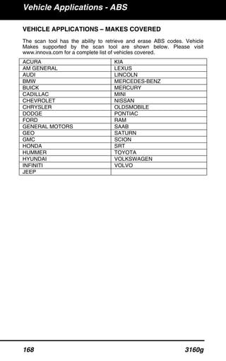 Vehicle Applications - ABS
168 3160g
VEHICLE APPLICATIONS – MAKES COVERED
The scan tool has the ability to retrieve and erase ABS codes. Vehicle
Makes supported by the scan tool are shown below. Please visit
www.innova.com for a complete list of vehicles covered.
ACURA KIA
AM GENERAL LEXUS
AUDI LINCOLN
BMW MERCEDES-BENZ
BUICK MERCURY
CADILLAC MINI
CHEVROLET NISSAN
CHRYSLER OLDSMOBILE
DODGE PONTIAC
FORD RAM
GENERAL MOTORS SAAB
GEO SATURN
GMC SCION
HONDA SRT
HUMMER TOYOTA
HYUNDAI VOLKSWAGEN
INFINITI VOLVO
JEEP
 
