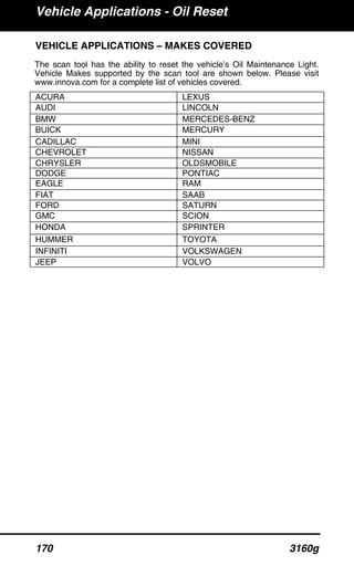 Vehicle Applications - Oil Reset
170 3160g
VEHICLE APPLICATIONS – MAKES COVERED
The scan tool has the ability to reset the vehicle’s Oil Maintenance Light.
Vehicle Makes supported by the scan tool are shown below. Please visit
www.innova.com for a complete list of vehicles covered.
ACURA LEXUS
AUDI LINCOLN
BMW MERCEDES-BENZ
BUICK MERCURY
CADILLAC MINI
CHEVROLET NISSAN
CHRYSLER OLDSMOBILE
DODGE PONTIAC
EAGLE RAM
FIAT SAAB
FORD SATURN
GMC SCION
HONDA SPRINTER
HUMMER TOYOTA
INFINITI VOLKSWAGEN
JEEP VOLVO
 