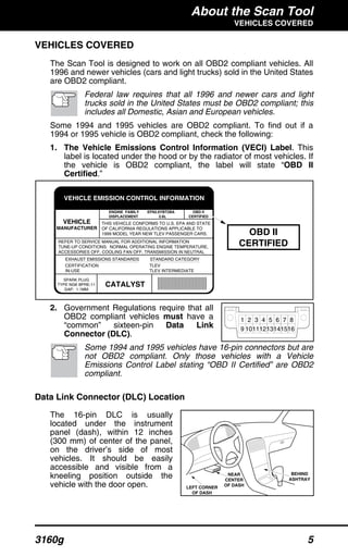 About the Scan Tool
VEHICLES COVERED
3160g 5
VEHICLE EMISSION CONTROL INFORMATION
VEHICLE
MANUFACTURER
OBD II
CERTIFIED
ENGINE FAMILY EFN2.6YBT2BA
DISPLACEMENT 2.6L
THIS VEHICLE CONFORMS TO U.S. EPA AND STATE
OF CALIFORNIA REGULATIONS APPLICABLE TO
1999 MODEL YEAR NEW TLEV PASSENGER CARS.
REFER TO SERVICE MANUAL FOR ADDITIONAL INFORMATION
TUNE-UP CONDITIONS: NORMAL OPERATING ENGINE TEMPERATURE,
ACCESSORIES OFF, COOLING FAN OFF, TRANSMISSION IN NEUTRAL
SPARK PLUG
TYPE NGK BPRE-11
GAP: 1.1MM
CATALYST
EXHAUST EMISSIONS STANDARDS STANDARD CATEGORY
CERTIFICATION
IN-USE
TLEV
TLEV INTERMEDIATE
OBD II
CERTIFIED
VEHICLES COVERED
The Scan Tool is designed to work on all OBD2 compliant vehicles. All
1996 and newer vehicles (cars and light trucks) sold in the United States
are OBD2 compliant.
Federal law requires that all 1996 and newer cars and light
trucks sold in the United States must be OBD2 compliant; this
includes all Domestic, Asian and European vehicles.
Some 1994 and 1995 vehicles are OBD2 compliant. To find out if a
1994 or 1995 vehicle is OBD2 compliant, check the following:
1. The Vehicle Emissions Control Information (VECI) Label. This
label is located under the hood or by the radiator of most vehicles. If
the vehicle is OBD2 compliant, the label will state “OBD II
Certified.”
2. Government Regulations require that all
OBD2 compliant vehicles must have a
“common” sixteen-pin Data Link
Connector (DLC).
Some 1994 and 1995 vehicles have 16-pin connectors but are
not OBD2 compliant. Only those vehicles with a Vehicle
Emissions Control Label stating “OBD II Certified” are OBD2
compliant.
Data Link Connector (DLC) Location
The 16-pin DLC is usually
located under the instrument
panel (dash), within 12 inches
(300 mm) of center of the panel,
on the driver’s side of most
vehicles. It should be easily
accessible and visible from a
kneeling position outside the
vehicle with the door open.
1 2 3 4 5 6 7 8
9 10111213141516
NEAR
CENTER
OF DASH
BEHIND
ASHTRAY
LEFT CORNER
OF DASH
 