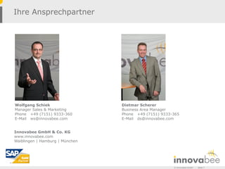 Ihre Ansprechpartner




Wolfgang Schiek                  Dietmar Scherer
Manager Sales & Marketing        Business Area Manager
Phone +49 (7151) 9333-360        Phone +49 (7151) 9333-365
E-Mail ws@innovabee.com          E-Mail ds@innovabee.com


Innovabee GmbH & Co. KG
www.innovabee.com
Waiblingen | Hamburg | München




                                                       © Innovabee GmbH   -   Seite 7
 