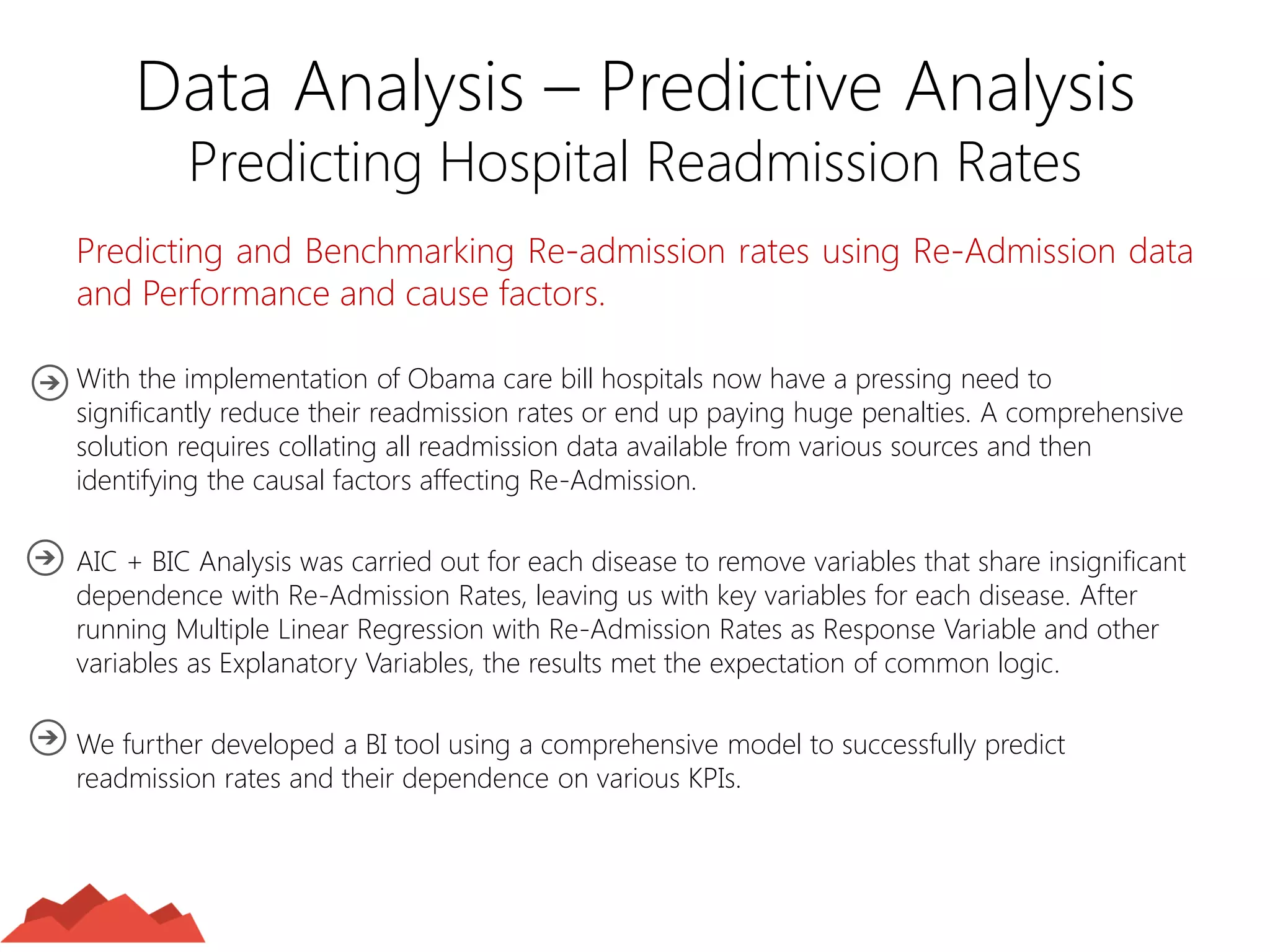 Data Analysis – Predictive Analysis Predicting Hospital Readmission Rates 
Predicting and Benchmarking Re-admission rates using Re-Admission data and Performance and cause factors. 
With the implementation of Obama care bill hospitals now have a pressing need to significantly reduce their readmission rates or end up paying huge penalties. A comprehensive solution requires collating all readmission data available from various sources and then identifying the causal factors affecting Re-Admission. 
AIC + BIC Analysis was carried out for each disease to remove variables that share insignificant dependence with Re-Admission Rates, leaving us with key variables for each disease. After running Multiple Linear Regression with Re-Admission Rates as Response Variable and other variables as Explanatory Variables, the results met the expectation of common logic. 
We further developed a BI tool using a comprehensive model to successfully predict readmission rates and their dependence on various KPIs. 
 