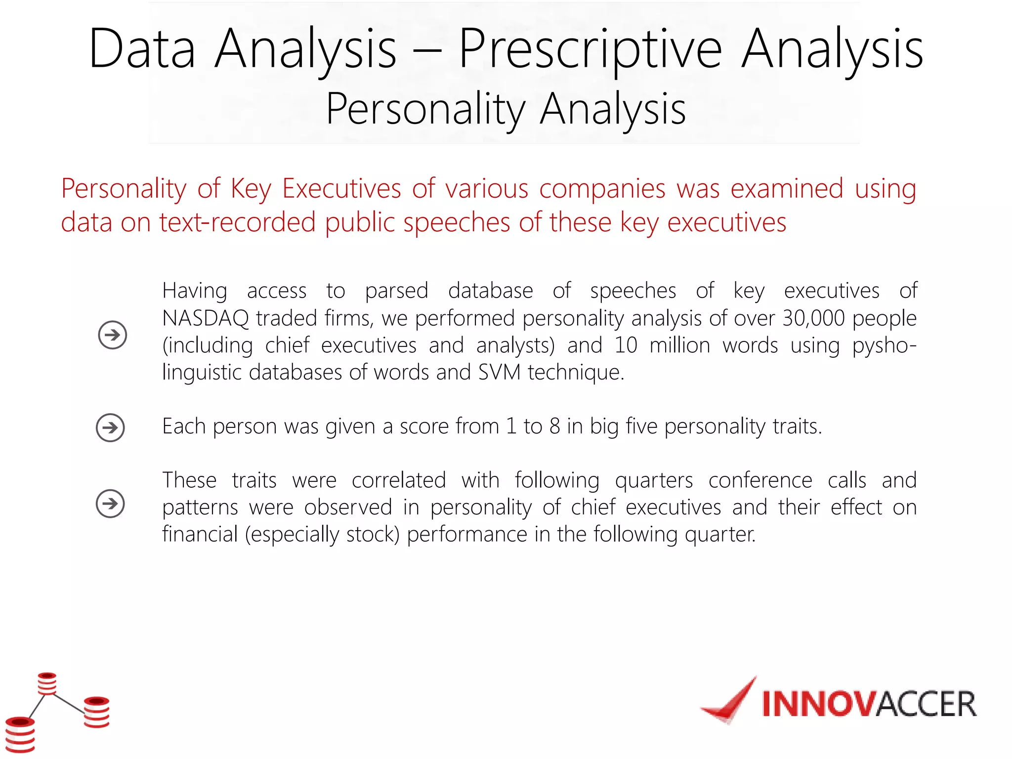 Data Analysis – Prescriptive Analysis 
Personality Analysis 
Personality of Key Executives of various companies was examined using data on text-recorded public speeches of these key executives 
Having access to parsed database of speeches of key executives of NASDAQ traded firms, we performed personality analysis of over 30,000 people (including chief executives and analysts) and 10 million words using pysho- linguistic databases of words and SVM technique. 
Each person was given a score from 1 to 8 in big five personality traits. 
These traits were correlated with following quarters conference calls and patterns were observed in personality of chief executives and their effect on financial (especially stock) performance in the following quarter. 
 