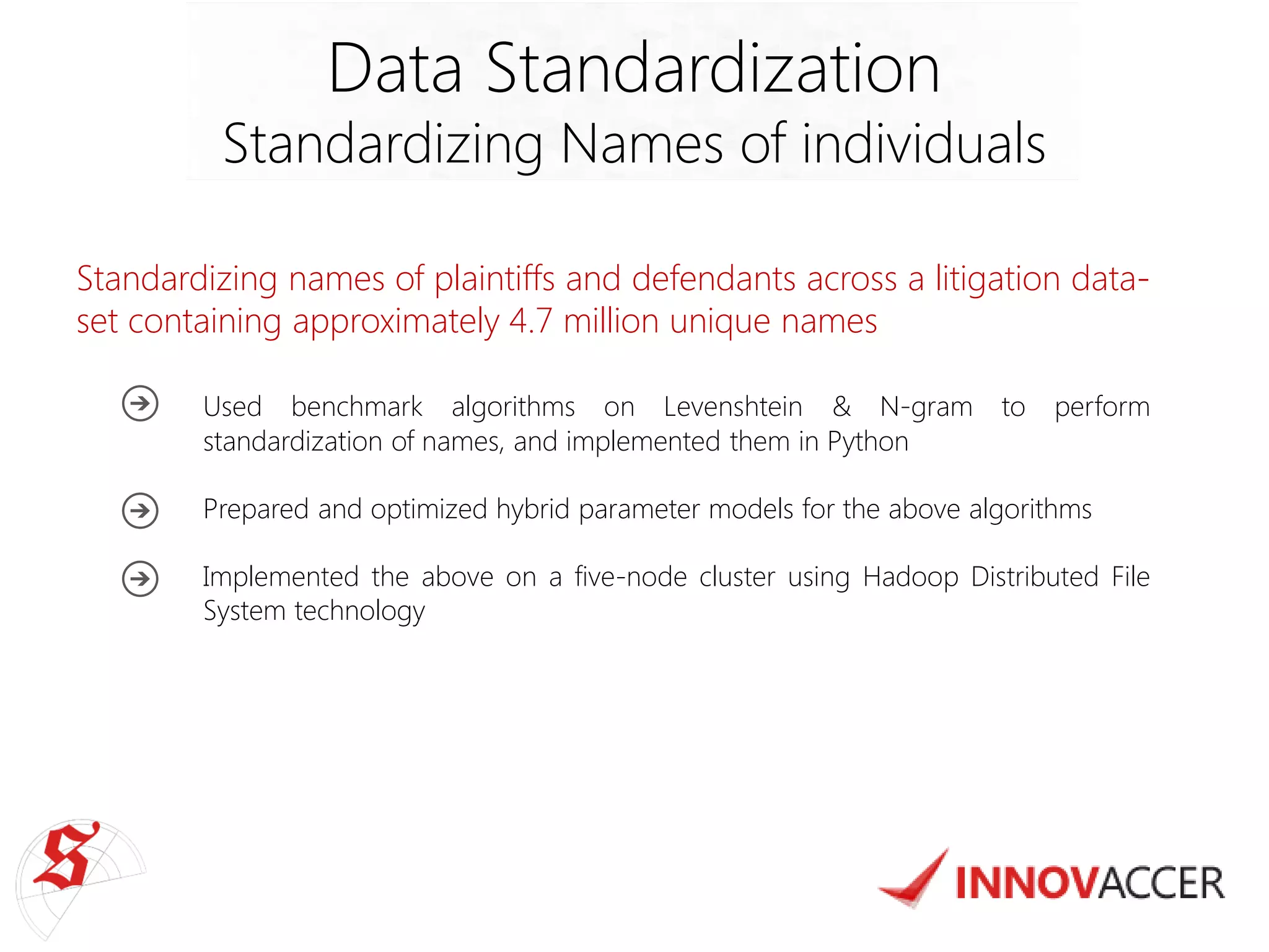 Standardizing names of plaintiffs and defendants across a litigation data- set containing approximately 4.7 million unique names 
Used benchmark algorithms on Levenshtein & N-gram to perform standardization of names, and implemented them in Python 
Prepared and optimized hybrid parameter models for the above algorithms 
Implemented the above on a five-node cluster using Hadoop Distributed File System technology 
Data Standardization 
Standardizing Names of individuals  